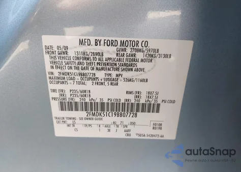 2009 Ford Flex Se from USA, damaged, VIN 2FMDK51C19BB07728